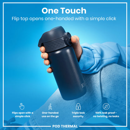 A dark-grey insulated water bottle is held in a hand. Its flip top opens with a single click. The background is light blue. "One Touch," "Flip top opens one-handed with a simple click," "Flips open with a simple click," "One-handed use on the go," "Triple lock security," "100% leak proof - no twisting, no leaks," and "POD THERMAL" are displayed.