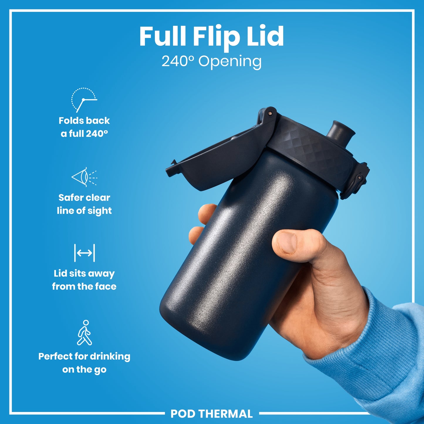 A dark-colored water bottle with a flip lid is held in a hand against a bright blue background. The lid folds back 240°. The bottle is described as perfect for on-the-go drinking. POD THERMAL.