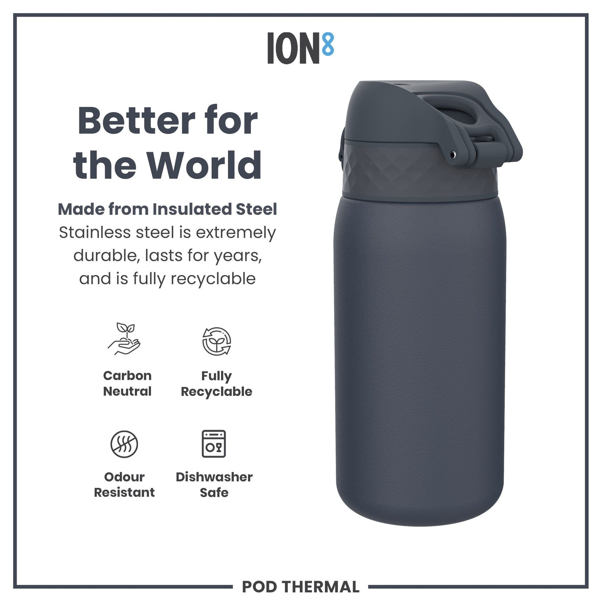 A dark-grey insulated steel water bottle sits on a white background; it is durable, recyclable, dishwasher safe, and odour resistant.