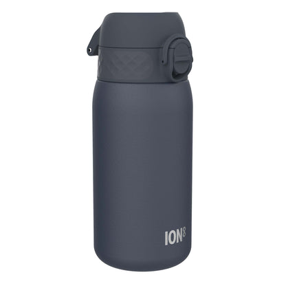 A dark-grey ION8 water bottle sits upright against a white background. The bottle has a textured lid with a hinged flip top.