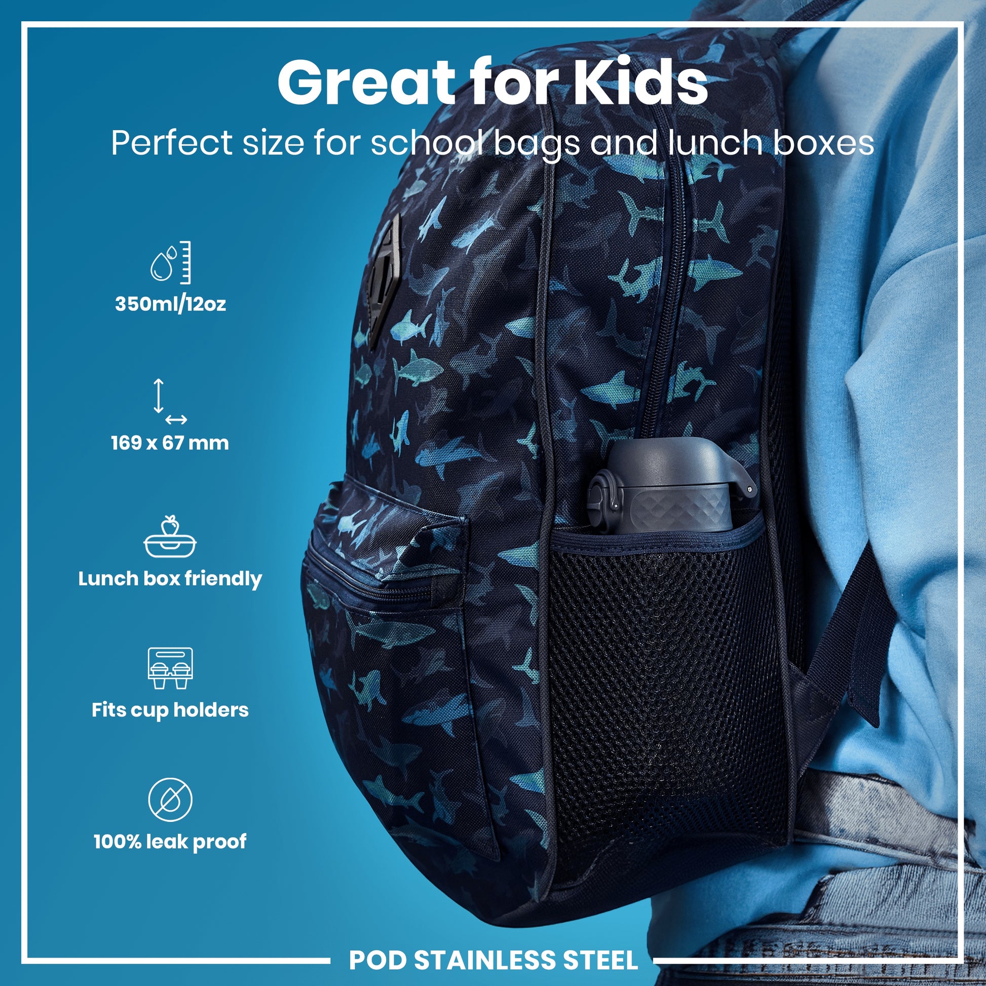 A dark-blue backpack, featuring a shark pattern, is being worn. It's designed for kids, fitting lunchboxes and cup holders; it's also leakproof and 350ml/12oz capacity, measuring 169 x 67 mm.