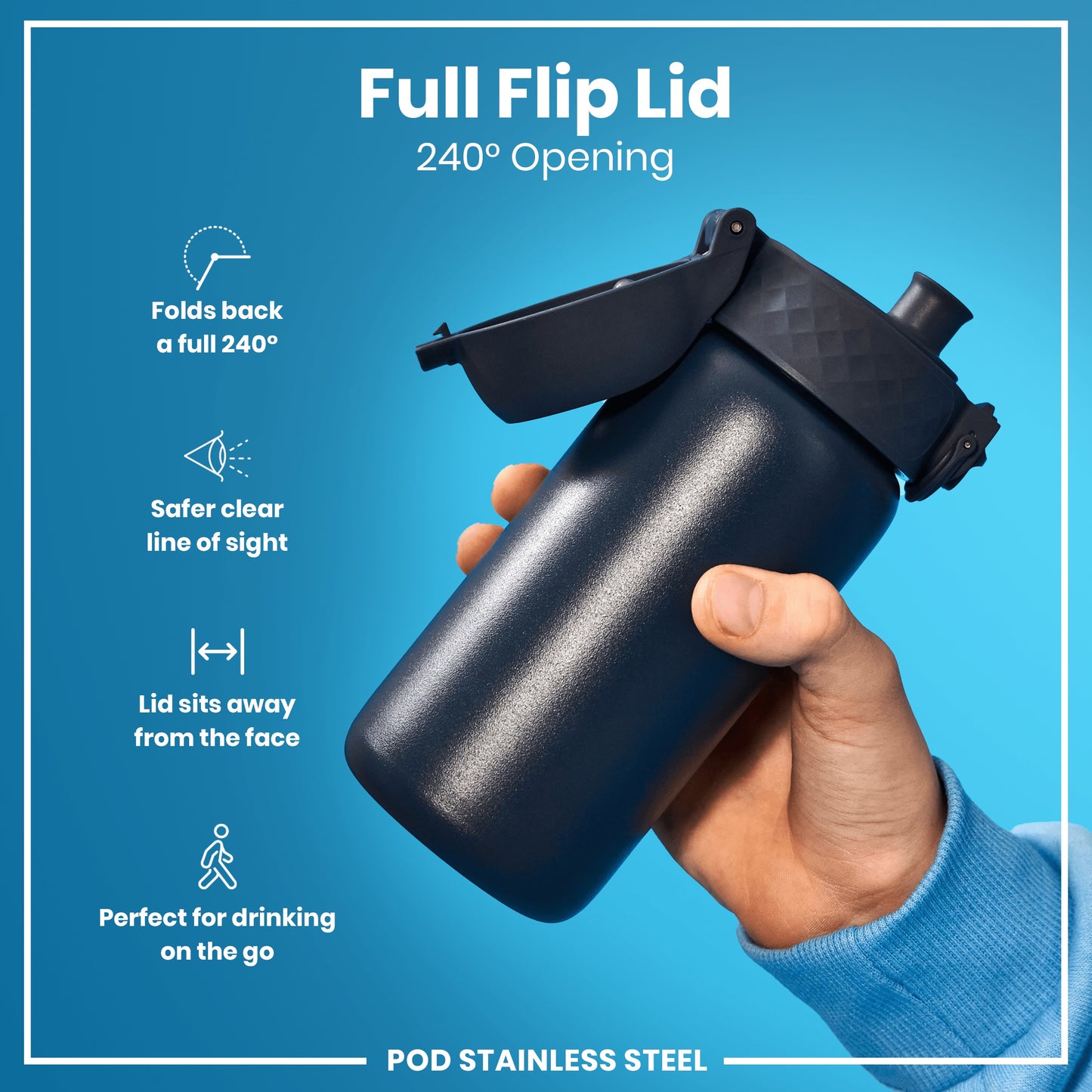 A dark-grey stainless steel water bottle with a full flip lid, is being held, against a light-blue background. The lid folds back 240°.