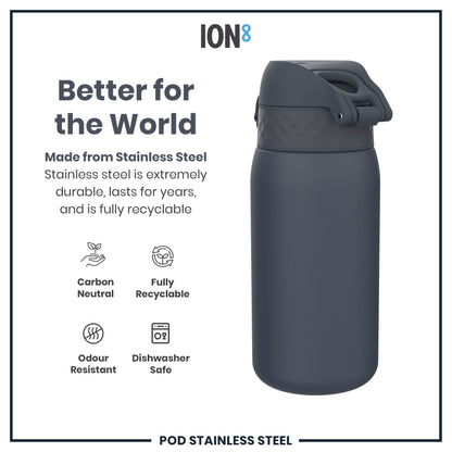 A dark-grey stainless steel water bottle sits on a white background; it is presented as durable, recyclable, odour-resistant, and dishwasher-safe.