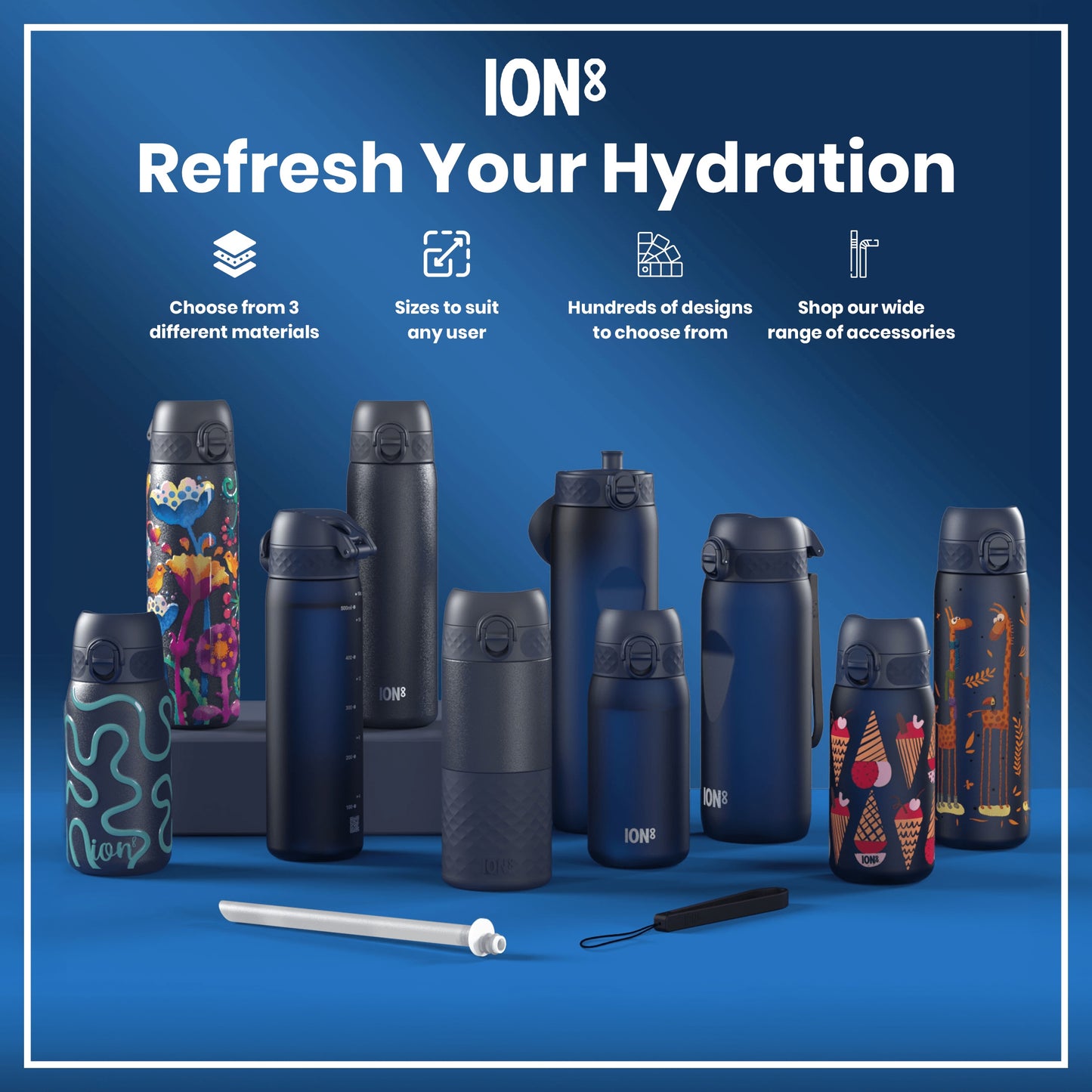 Several ION8 water bottles, in various sizes and designs, are displayed on a blue surface; accessories are also shown. "Refresh Your Hydration" is written above.