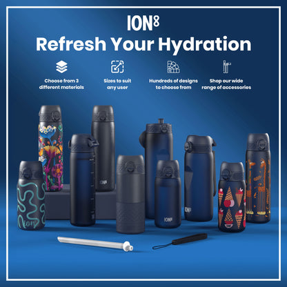 Several ION8 water bottles, in various sizes and designs, are displayed on a blue surface; accessories are also shown. "Refresh Your Hydration" is written above.