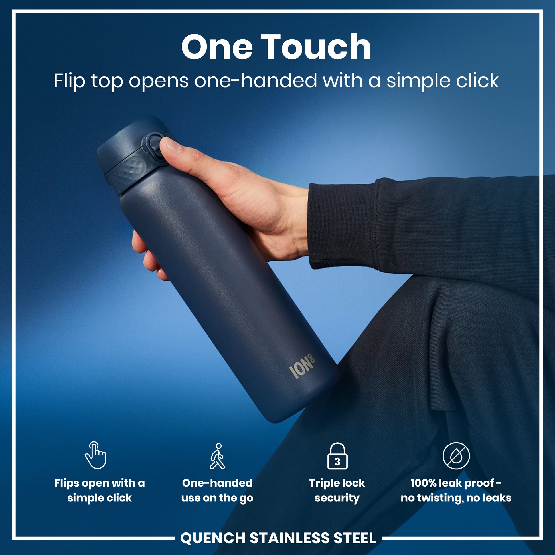 A dark-blue ION8 water bottle is held, its flip top opened one-handed. The bottle's features are highlighted: simple click opening, one-handed use, triple lock security, and 100% leak-proof design. The context is a product advertisement.