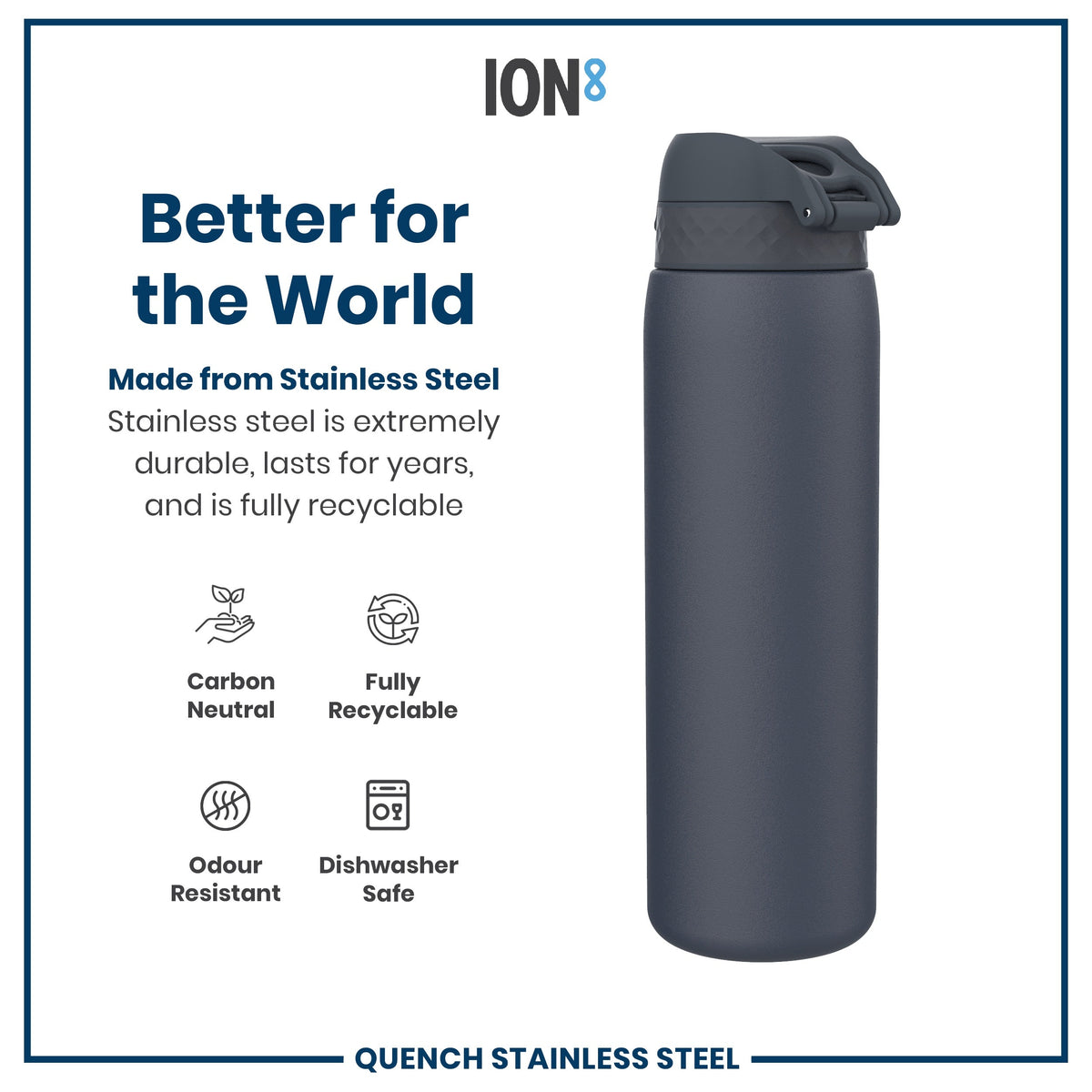 Leak Proof 1 Litre Water Bottle, Stainless Steel, Ash Navy, 1L
