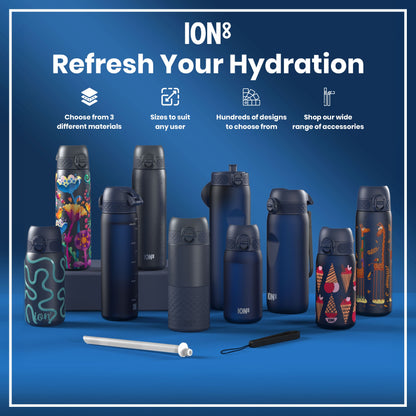 Several ION8 water bottles, in various sizes and designs, are displayed on a blue surface. Accessories are also shown. The text reads: "ION8 Refresh Your Hydration," "Choose from 3 different materials," "Sizes to suit any user," "Hundreds of designs to choose from," and "Shop our wide range of accessories."