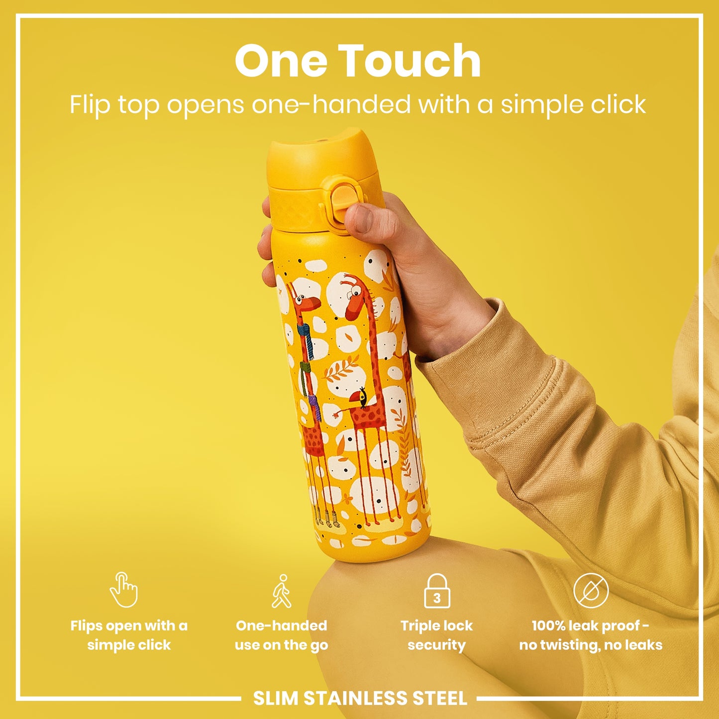 Leak Proof Slim Water Bottle, Stainless Steel, Giraffes, 600ml (20oz)