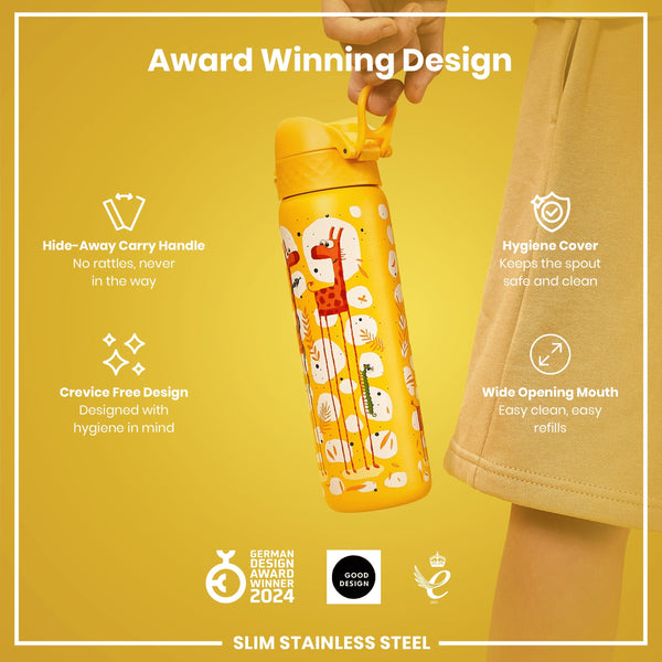Leak Proof Slim Water Bottle, Stainless Steel, Giraffes, 600ml (20oz)