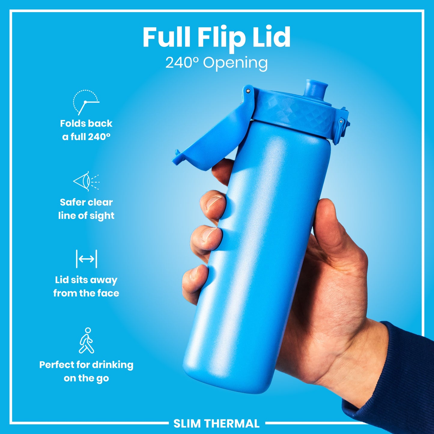 Leak Proof Slim Thermal Steel Water Bottle, Insulated, Blue, 500ml (17oz)