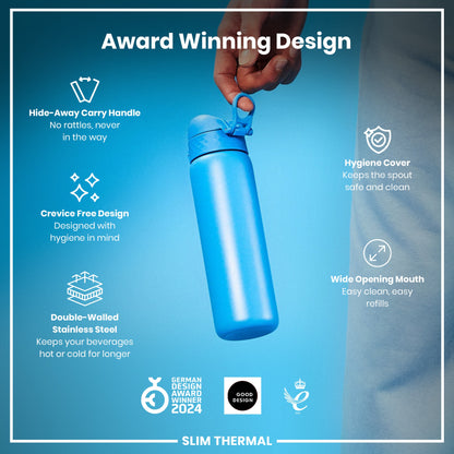 Leak Proof Slim Thermal Steel Water Bottle, Insulated, Blue, 500ml (17oz)