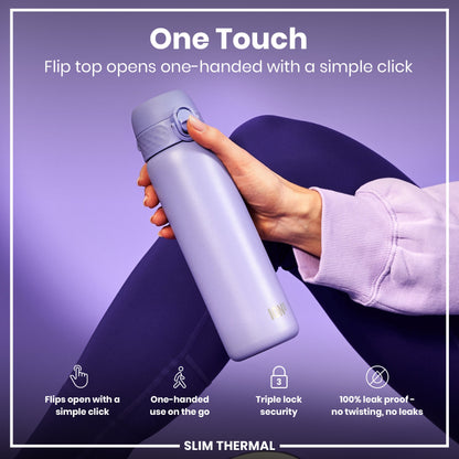 Leak Proof Slim Thermal Steel Water Bottle, Insulated, Light Purple, 500ml (17oz)