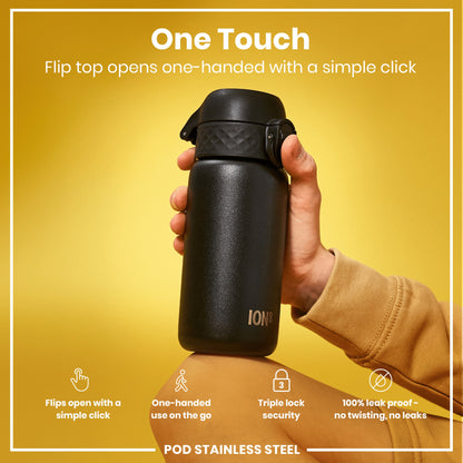 A black ION8 stainless steel water bottle is held; its flip top opens with a single click. The bottle is being shown against a yellow background. Features include one-handed use, triple lock security, and a leakproof design.