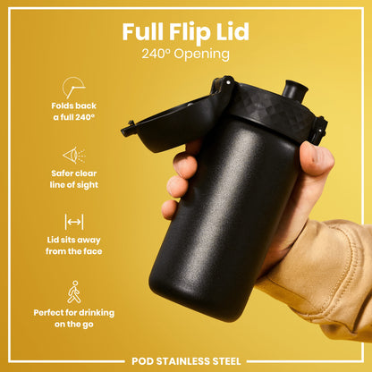 A black, stainless steel water bottle with a 240° opening flip lid is held in a hand against a yellow background. Full Flip Lid, 240° Opening. POD STAINLESS STEEL.