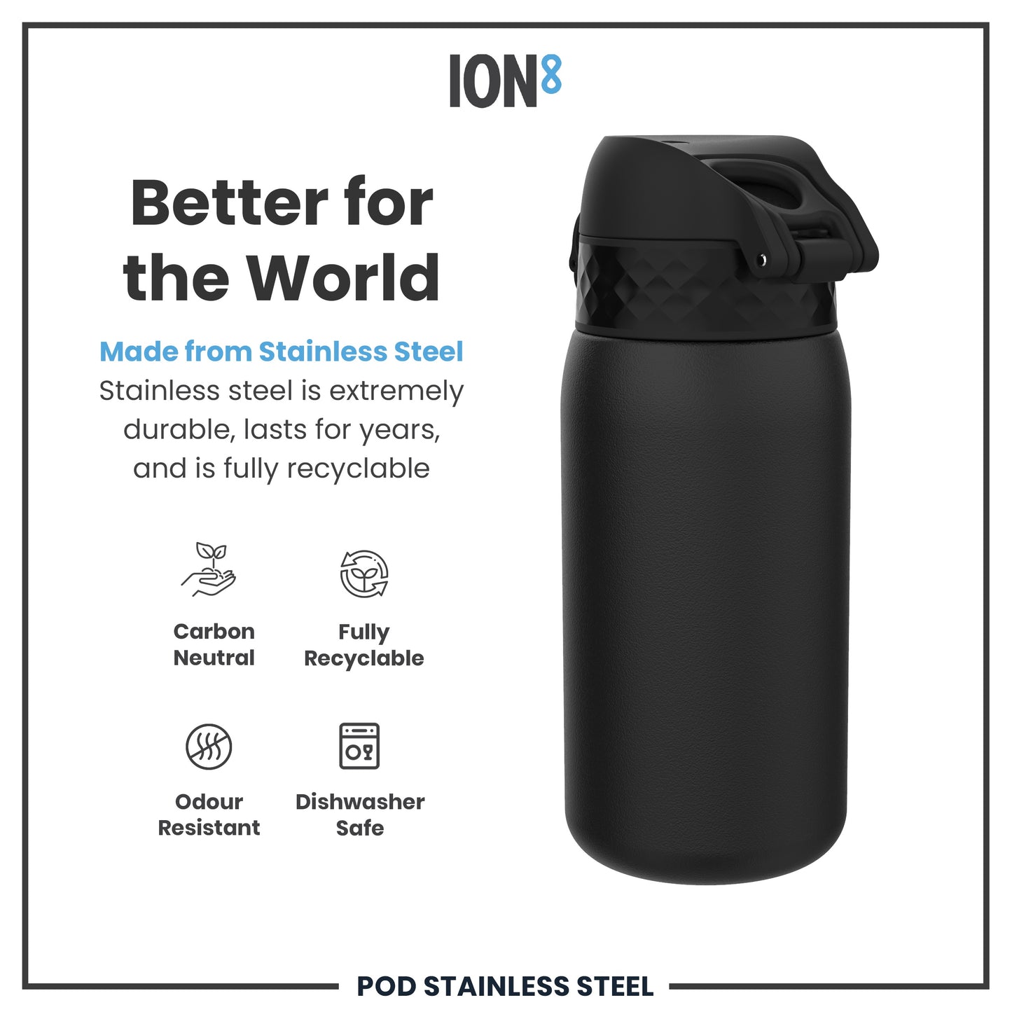 A black stainless steel water bottle sits against a white background. The bottle is presented as durable, recyclable, and dishwasher safe. The brand is ION8.