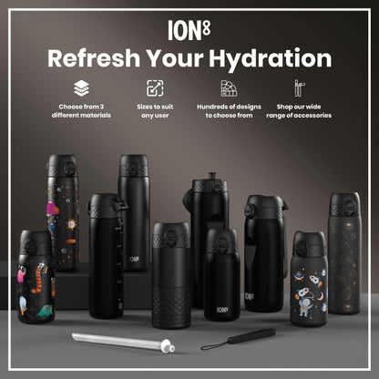 Several ION8 water bottles, varying in size and design, are displayed on a dark surface. They showcase different materials and patterns. Accompanying text advertises size options, design choices, and accessories.