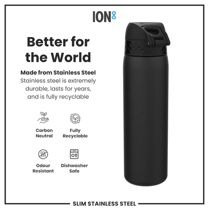 Leak Proof Slim Water Bottle, Stainless Steel, Black, 600ml (20oz)