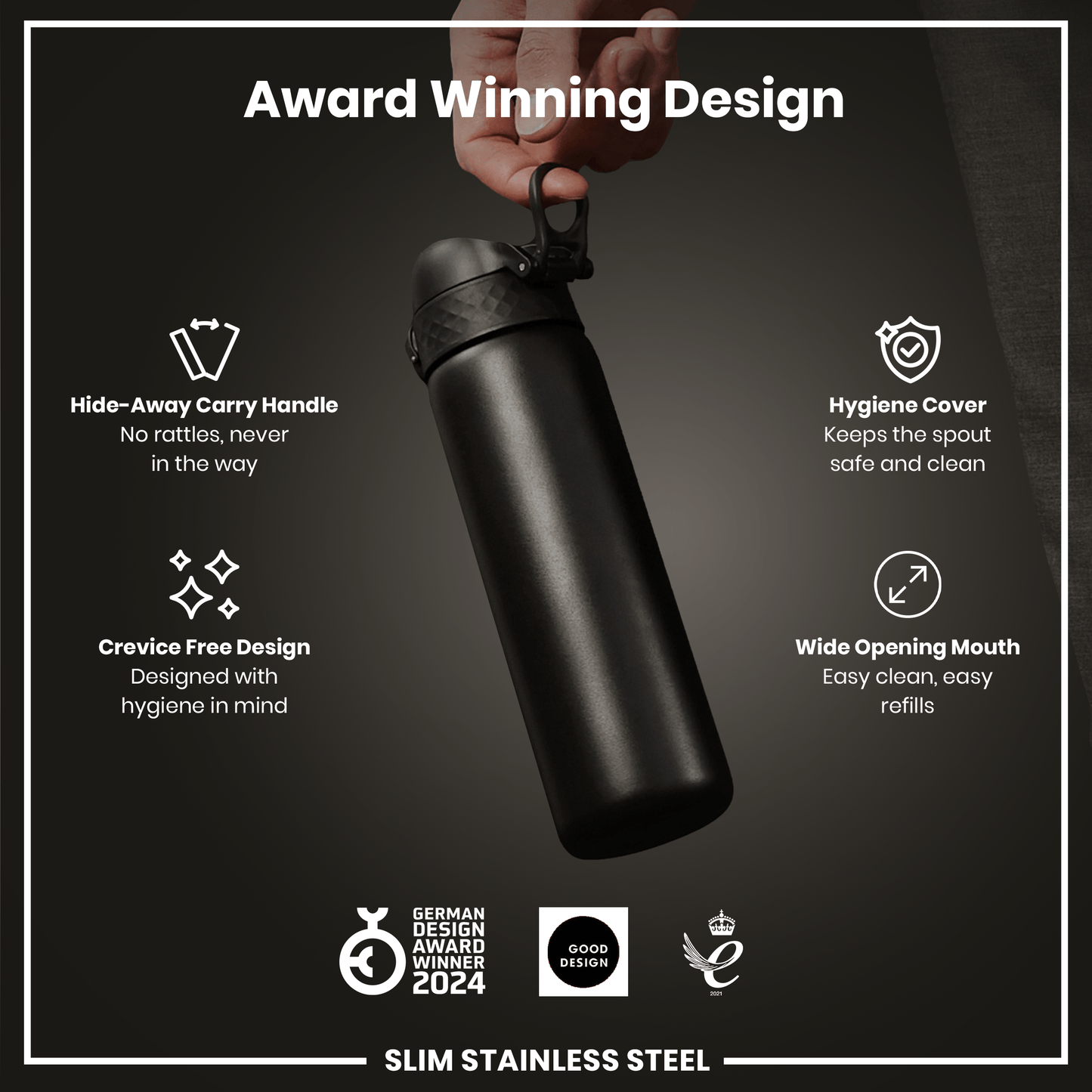 Leak Proof Slim Water Bottle, Stainless Steel, Black, 600ml (20oz)