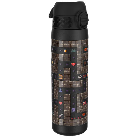 A black water bottle, featuring a pixelated video game maze design, stands against a white background. The design includes points and game characters.