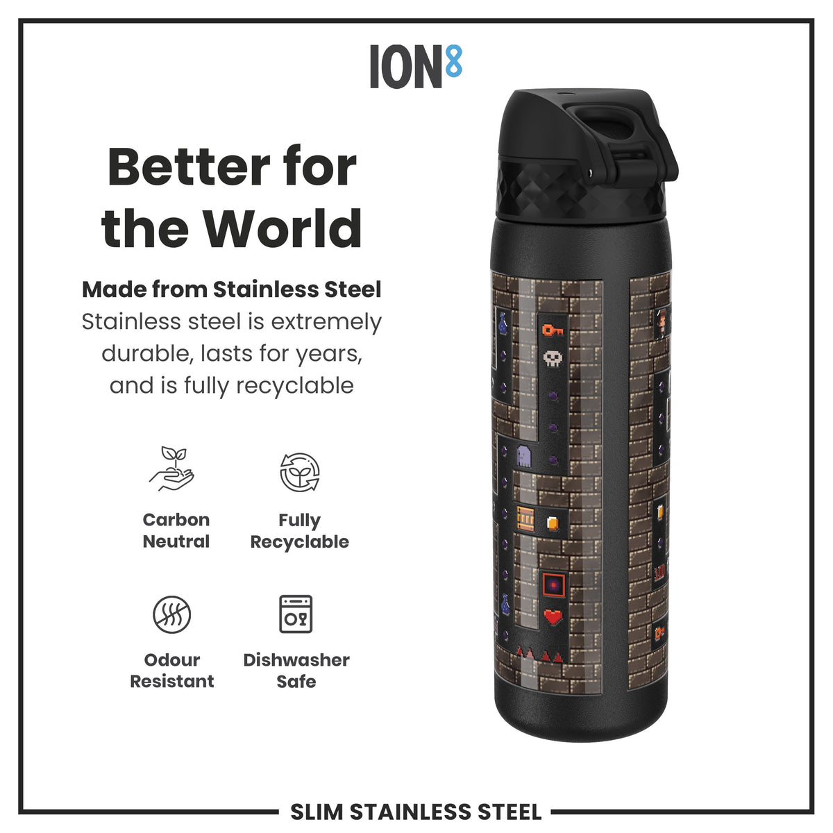 A stainless steel water bottle, featuring a pixelated game design, stands against a white background. The bottle is described as carbon neutral, fully recyclable, odour resistant, and dishwasher safe.