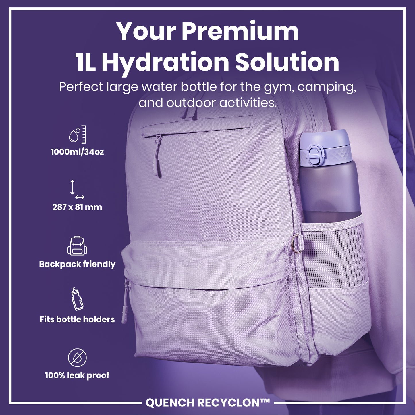 Leak Proof 1 litre Water Bottle, Recyclon, Light Purple