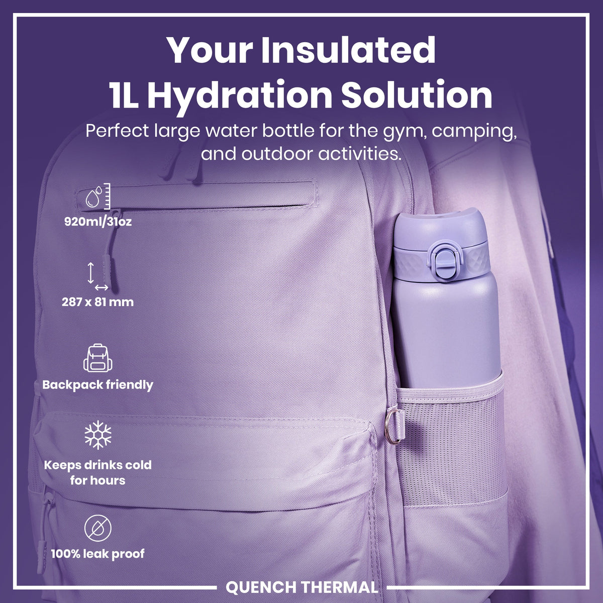 Leak Proof 1 Litre Thermal Water Bottle, Insulated, Light Purple, 1L