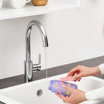 Hands wash a purple water bottle with ice cream designs under a running faucet in a white kitchen sink environment.