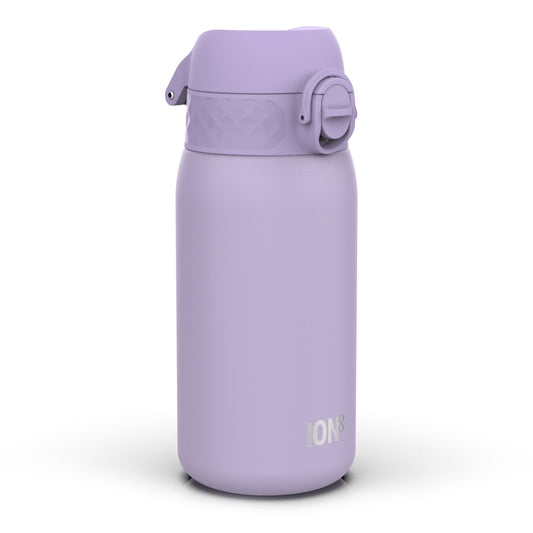 A lavender-colored water bottle sits on a white surface. The bottle is closed. ION8 is subtly printed on its side.