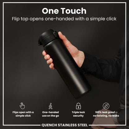 Leak Proof 1 Litre Water Bottle, Stainless Steel, Black, 1L