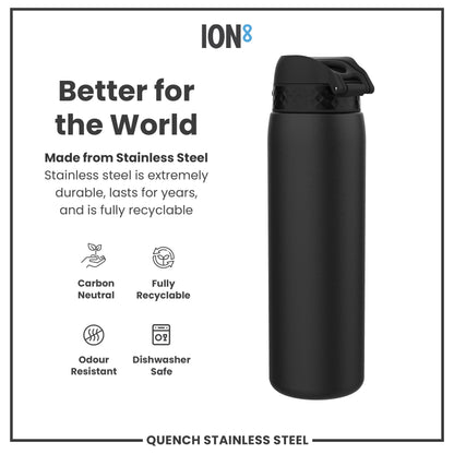 Leak Proof 1 Litre Water Bottle, Stainless Steel, Black, 1L