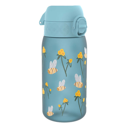 A teal water bottle, featuring a pattern of bees and flowers, sits against a white background. The bottle has a light teal screw-on cap with a carrying loop.