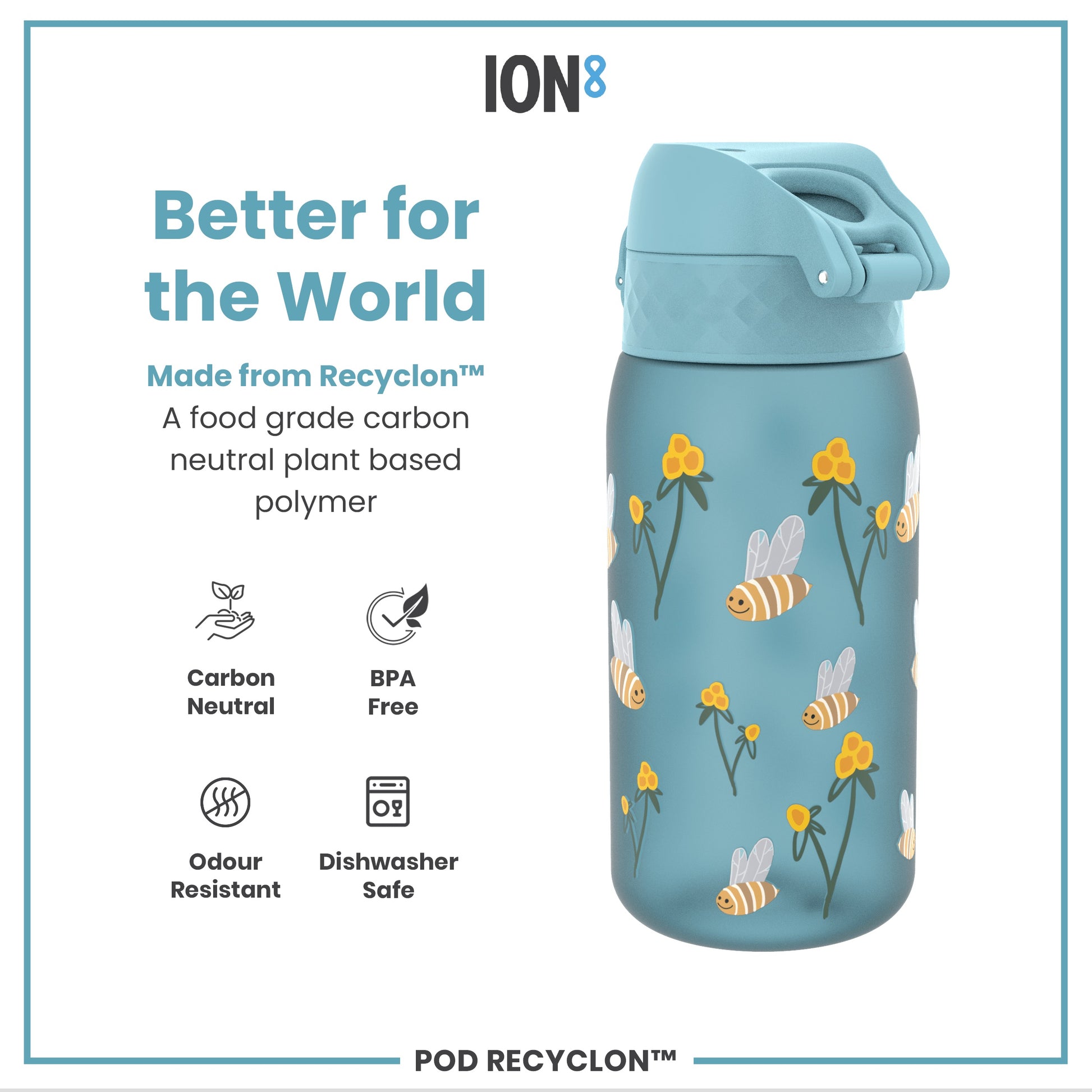 A blue water bottle, featuring a bee and flower design, sits against a white background. It is made from a plant-based polymer and is described as "Better for the World".