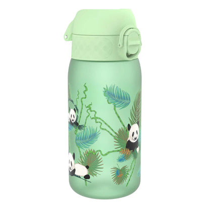 A green water bottle features panda illustrations climbing among tropical leaves surrounded by a light-green background with a flip-top lid design.