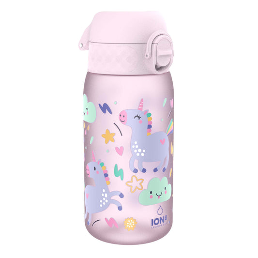 A pink water bottle, decorated with unicorns and clouds, sits on a white background. The bottle is leakproof, as indicated by the "ION8 LEAKPROOF" text on its base.