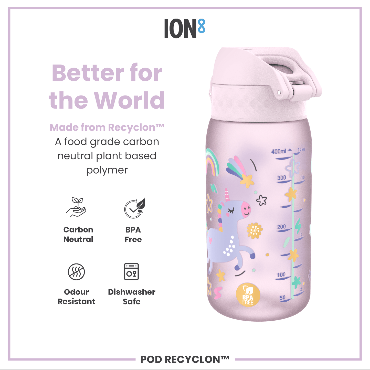 Leak Proof Kids Water Bottle, Recyclon, Unicorns, 350ml (12oz)