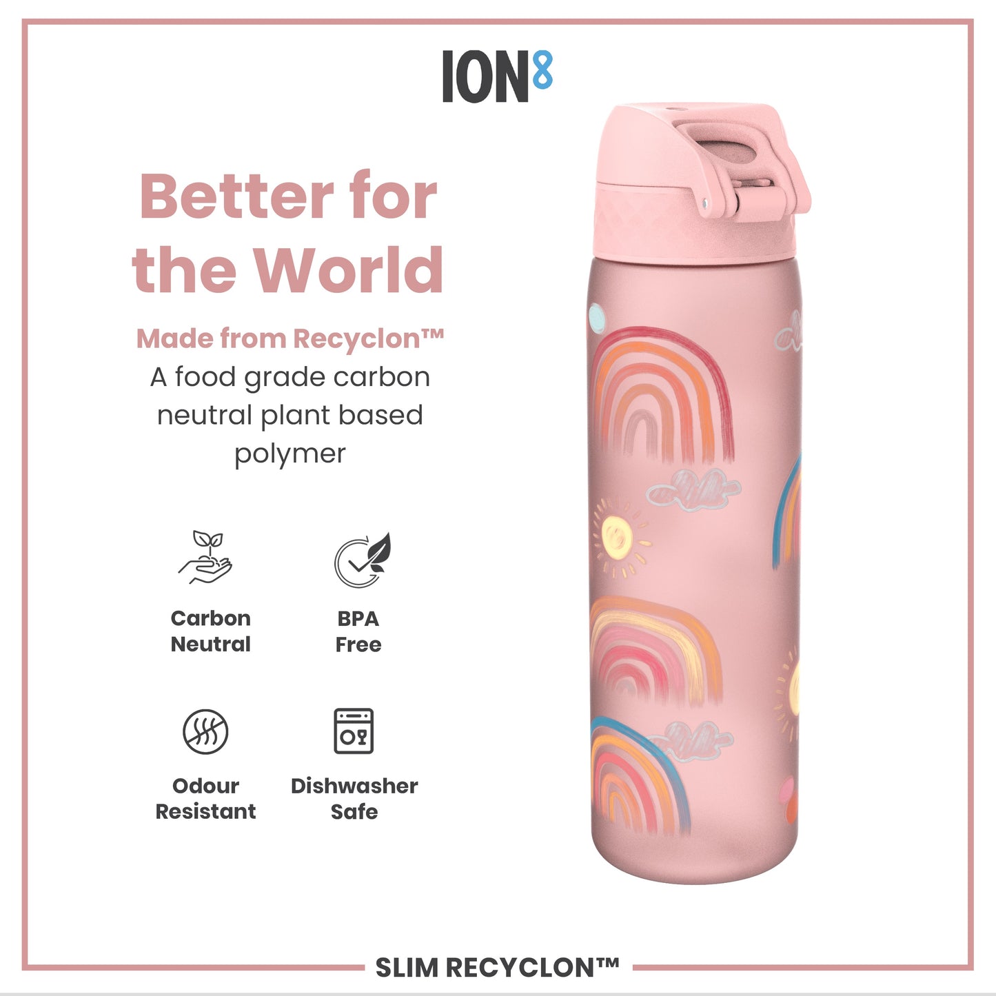 Leak Proof Slim Water Bottle, Recyclon, Rainbows, 500ml (18oz)