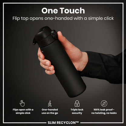 Leak Proof Slim Water Bottle, Recyclon, Black, 500ml (18oz)