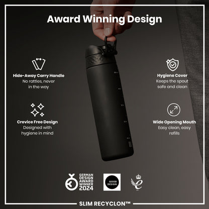 A black water bottle is being held; it features a hide-away handle, hygiene cover, and wide mouth. Award-winning design details are highlighted, including 2024 German Design Award and Good Design awards.