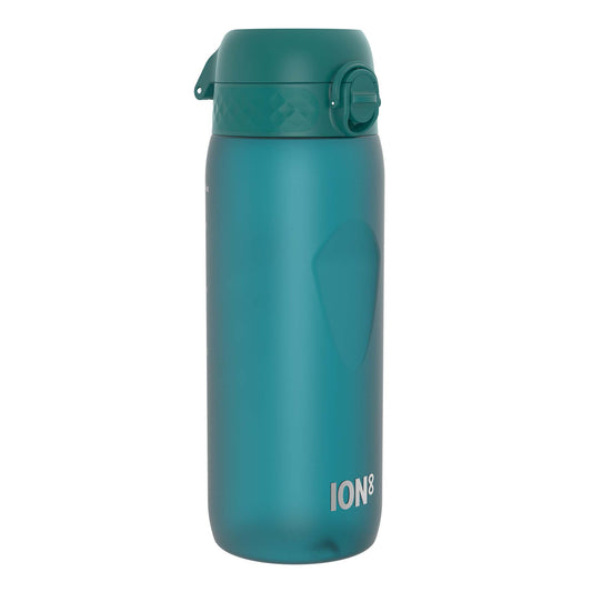 A teal plastic water bottle sits against a white background. The bottle has a hinged, textured lid and the word "ION8" is printed near the base.