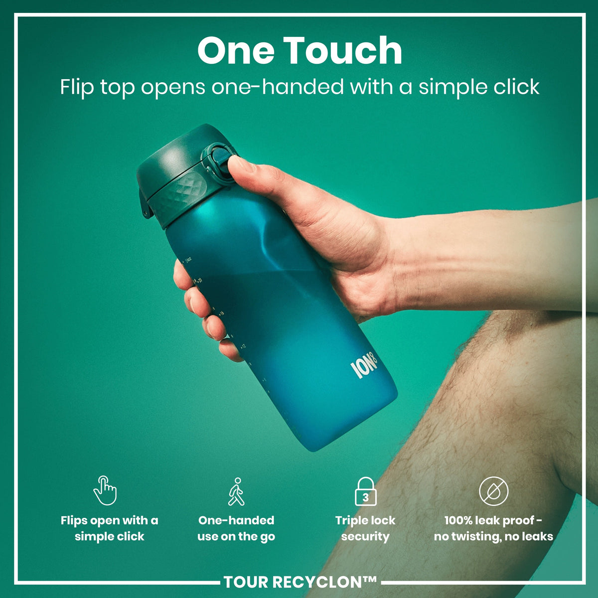 A teal plastic water bottle sits against a white background. The bottle has a hinged, textured lid and the word "ION8" is printed near the base.