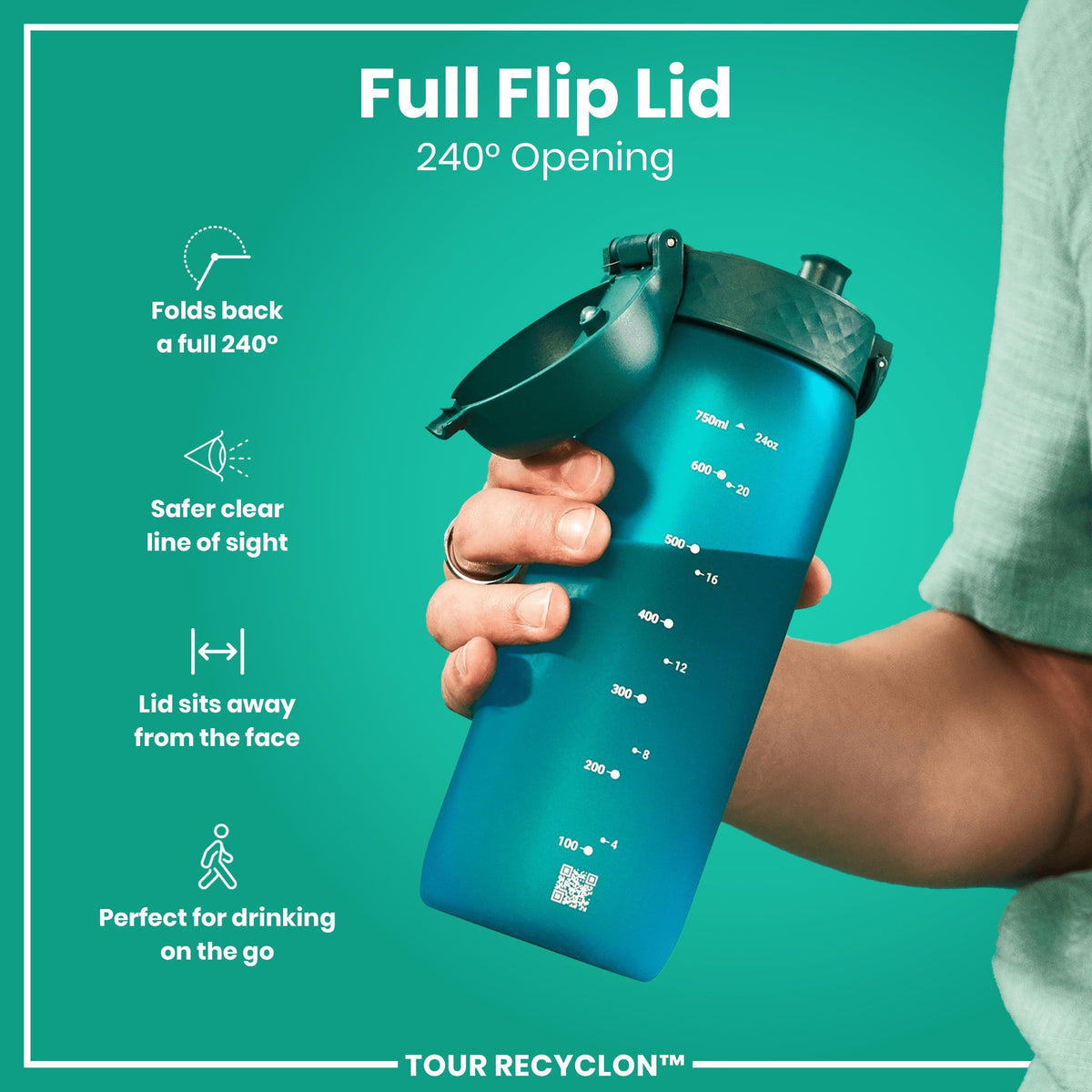A teal plastic water bottle sits against a white background. The bottle has a hinged, textured lid and the word "ION8" is printed near the base.