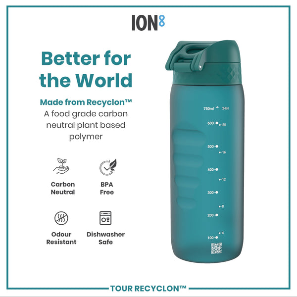 A teal plastic water bottle sits against a white background. The bottle has a hinged, textured lid and the word "ION8" is printed near the base.