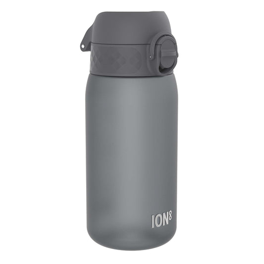 A gray water bottle sits on a white background. The bottle has a gray, hinged lid with a textured section and a rotating closure. The brand "ION8" is visible on the bottle.