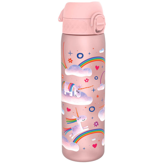 A pink water bottle, featuring unicorns and rainbows, sits on a white background.