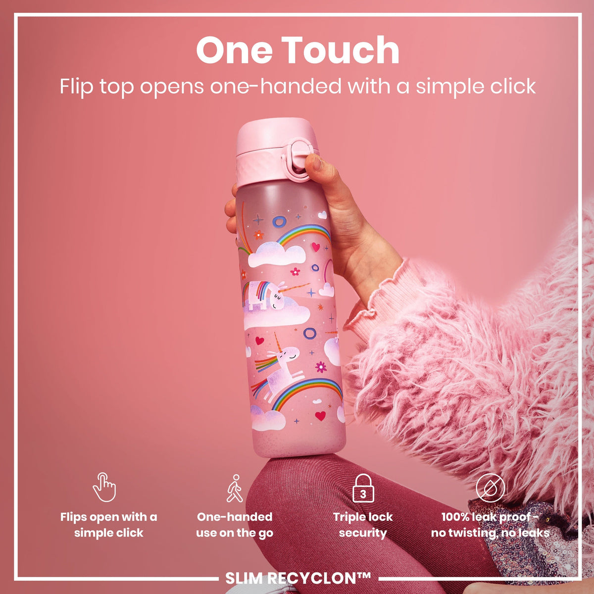 Leak Proof Slim Water Bottle, Recyclon, Unicorn Rainbows, 500ml (18oz)