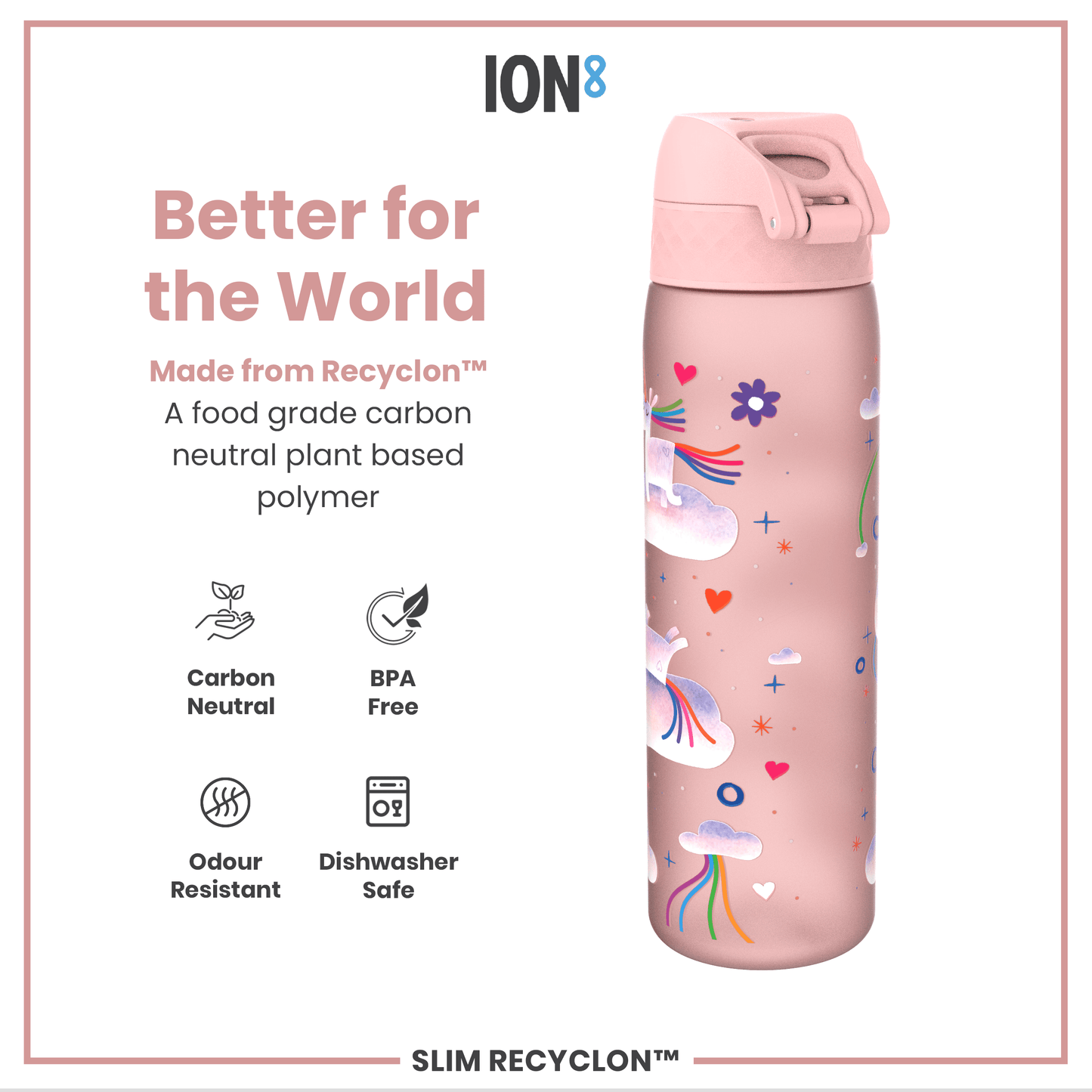 Leak Proof Slim Water Bottle, Recyclon, Unicorn Rainbows, 500ml (18oz)