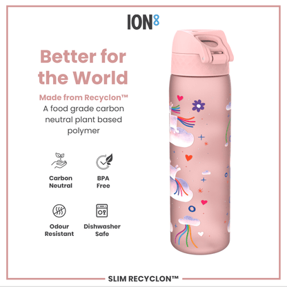 Leak Proof Slim Water Bottle, Recyclon, Unicorn Rainbows, 500ml (18oz)