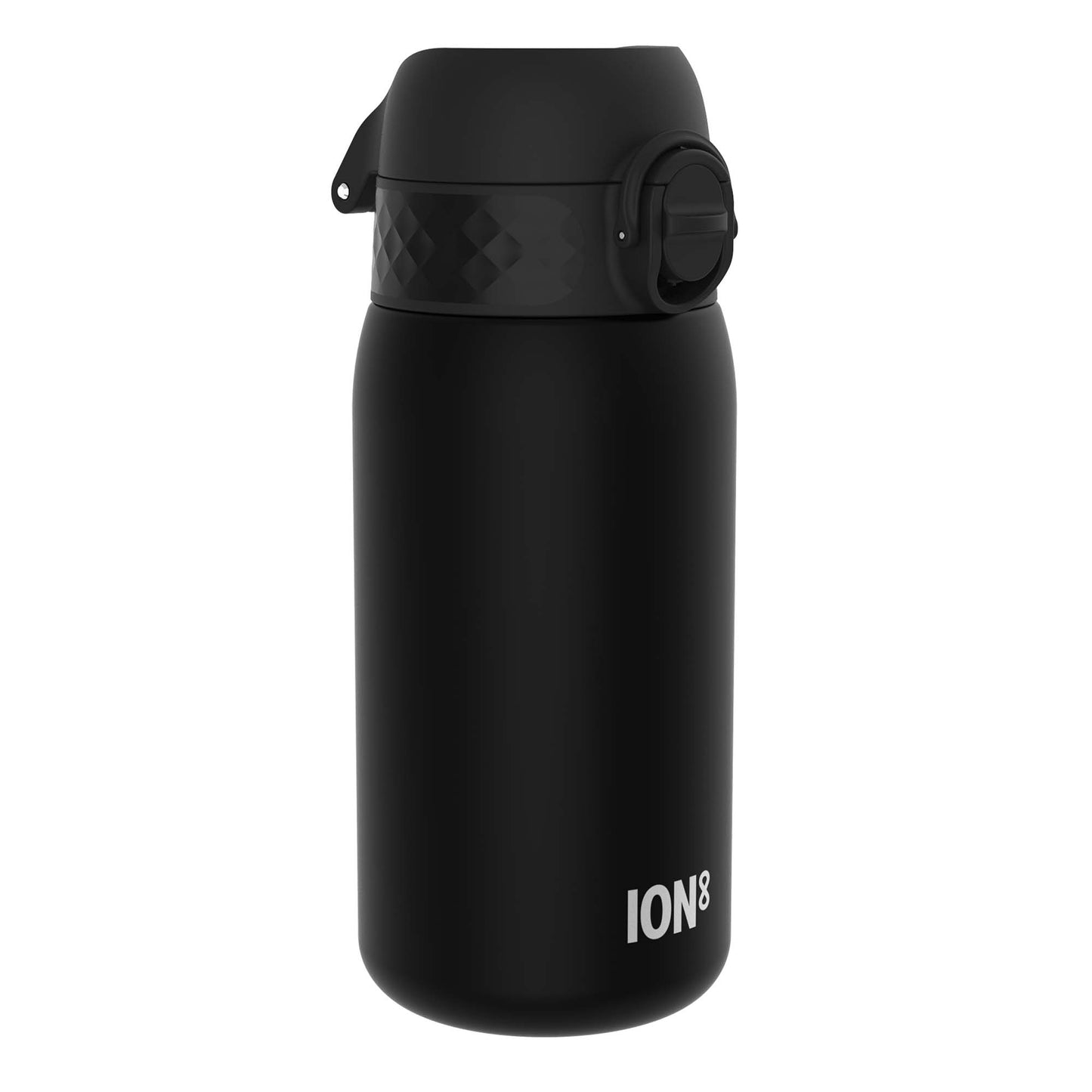 A black ION8 water bottle sits on a white background. It has a textured lid with a rotating closure mechanism.