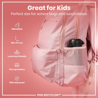 A pink backpack's side pocket contains a black water bottle; it's shown against a pink background, with specifications indicating its size and features are ideal for children's school bags.